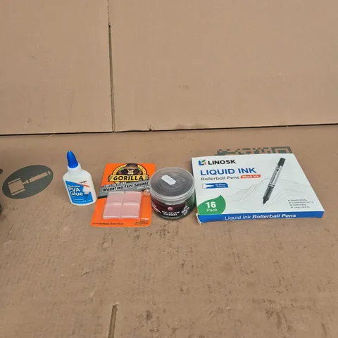 TOTE OF APPROXIMATELY 10 ASSORTED ITEMS INCLUDING LINOSK LIQUID INK ROLLERBALL PEN, BIG RIVER BARBEL DUMBELL HOOKERS AND TIGER WASHABLE PVA GLUE