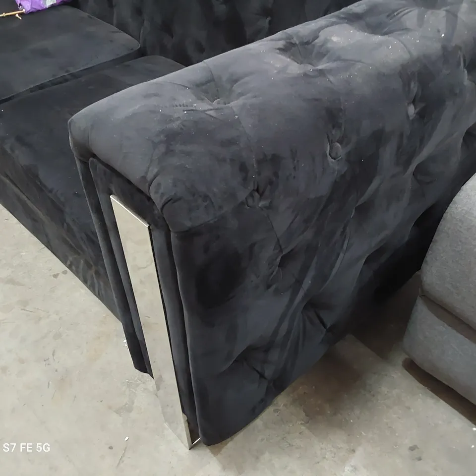 DESIGNER THREE SEATER SOFA BUTTONED BLACK PLUSH FABRIC 