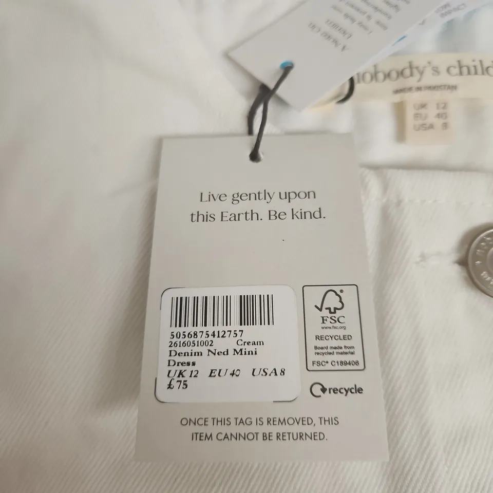 NOBODY'S CHILD DENIM NED MINI DRESS – CREAM/WHITE, UK 12 (EU 40, USA 8)