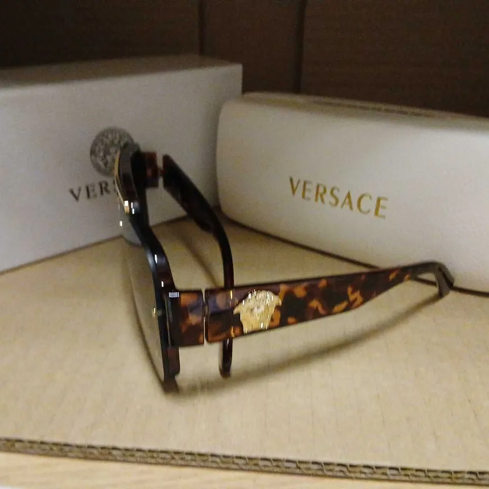 VERSACE TORTOISESHELL SUNGLASSES WITH GOLD EMBLEM ON TEMPLE – BOXED 