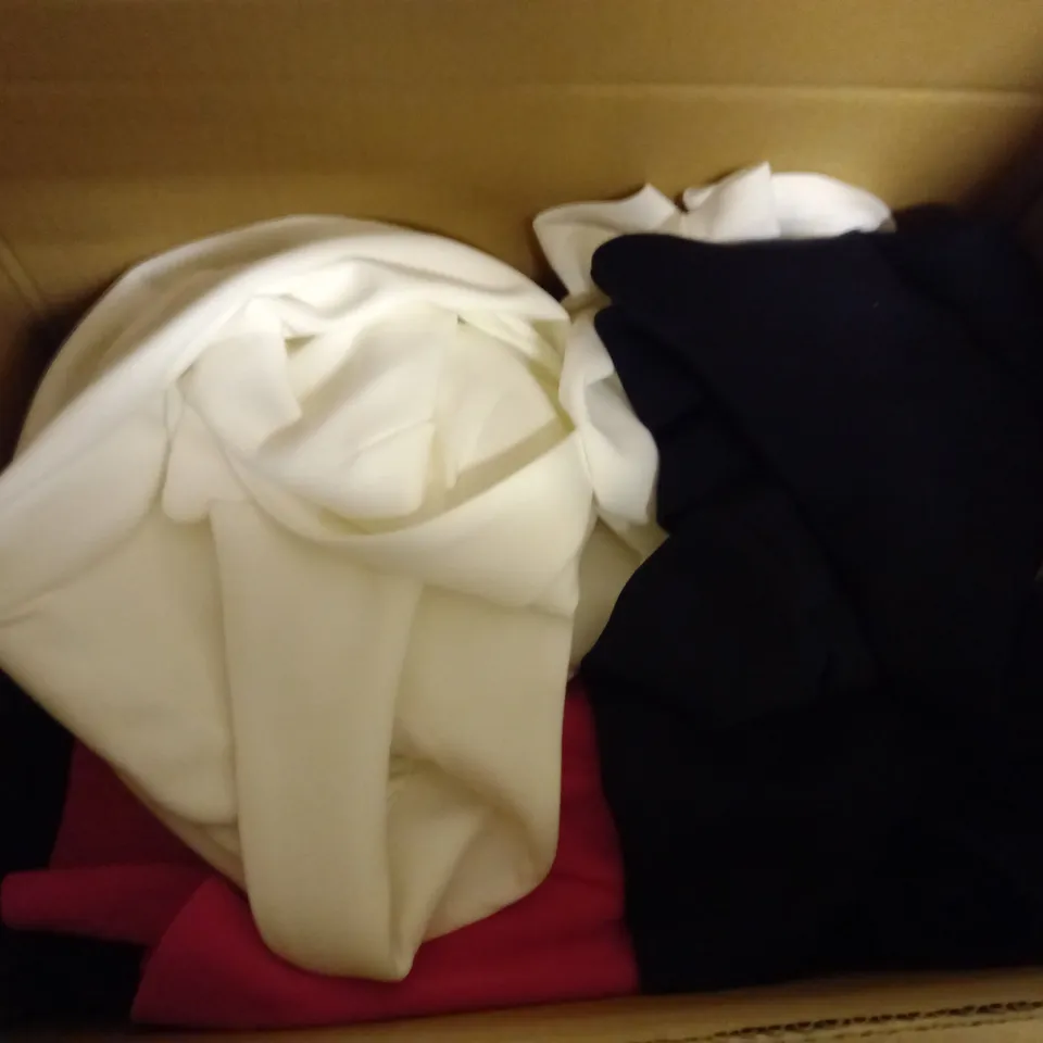 BOX OF APPROX. 10 CLOTHING ITEMS TO INCLUDE JACKETS AND TOPS  IN VARIOUS COLOURS AND SIZES 