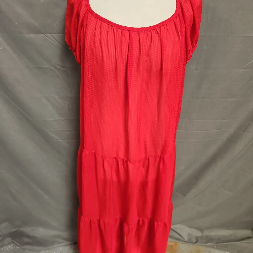 SOLID & STRIPED TIERED SHEER DRESS IN RED SIZE M