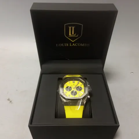 MENS LOUIS LACOMBE CHRONGRAPH WATCH – 3 SUB DIALS – YELLOW RUBBER STRAP