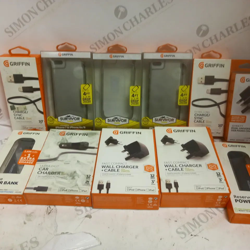 BOX OF APPROXIMATELY 15 ASSORTED GRIFFIN SMARTPHONE ACCESSORIES TO INCLUDE POWER BANK, PHONE CASE, CHARGING CABLE ETC 