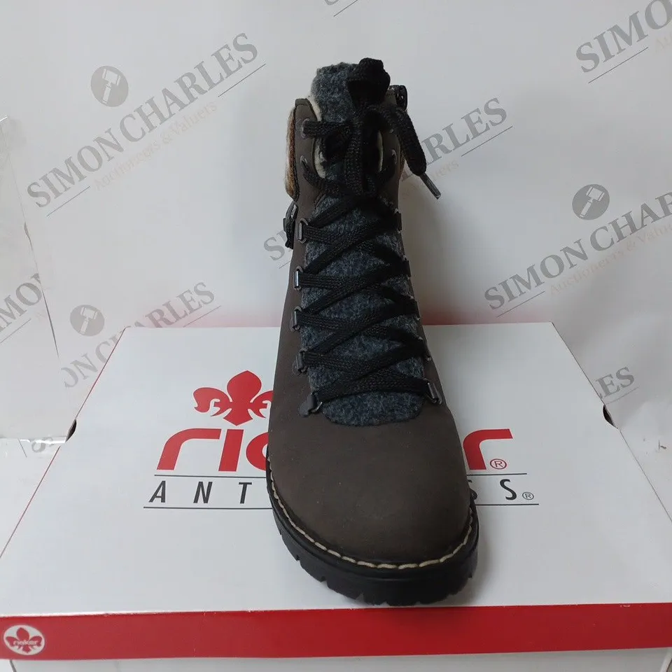 BOXED PAIR OF RIEKER MULTI CUFF HIKING BOOTS, BROWN - SIZE 6