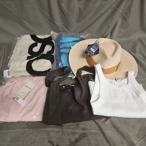 BOX OF APPROXIMATELY 20 ASSORTED CLOTHING ITEMS TO INCLUDE HAT, TOPS, TROUSERS, ETC