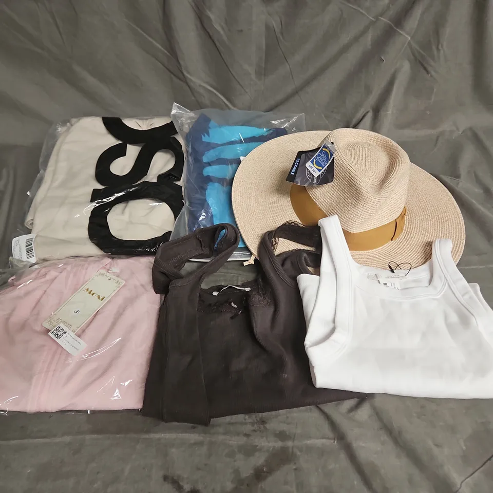 BOX OF APPROXIMATELY 20 ASSORTED CLOTHING ITEMS TO INCLUDE HAT, TOPS, TROUSERS, ETC