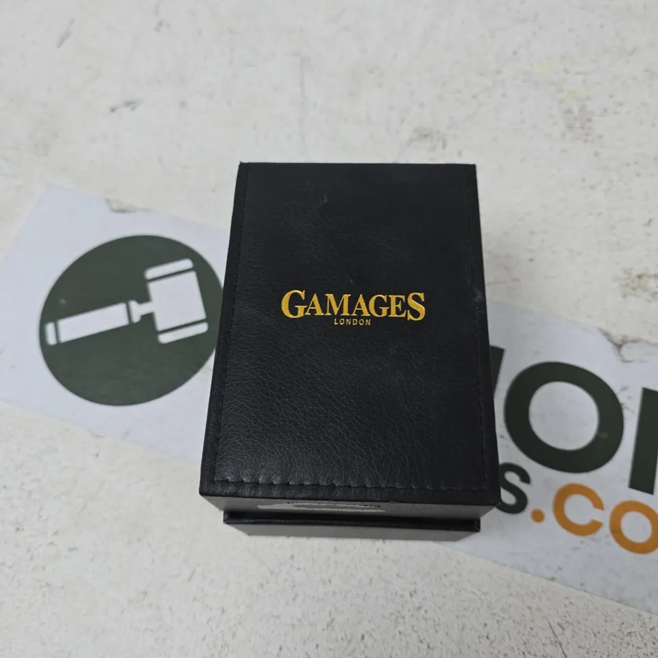 GAMAGES LONDON GOLD-TONE WRISTWATCH WITH BLACK DIAL AND LEATHER STRAP