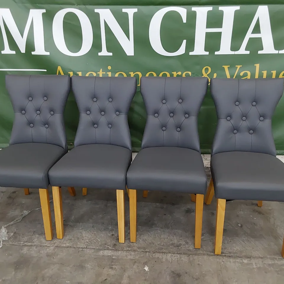 SET OF FOUR UPHOLSTERED BUTTONED BACK DINING CHAIRS CHARCOAL PU ON NATURAL WOOD LEGS 