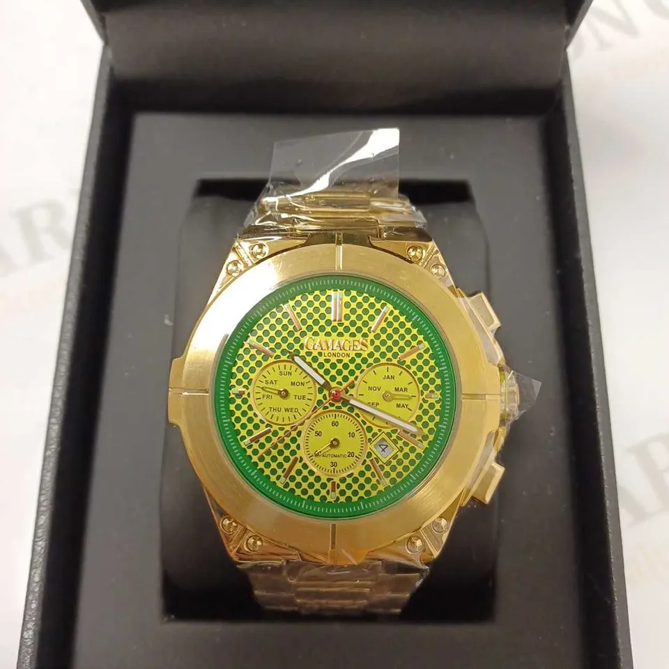 GAMAGES ENDURANCE SPORTS GOLD TRIPLE DATE DIAL AUTOMATIC BRACELET STRAP WRISTWATCH	