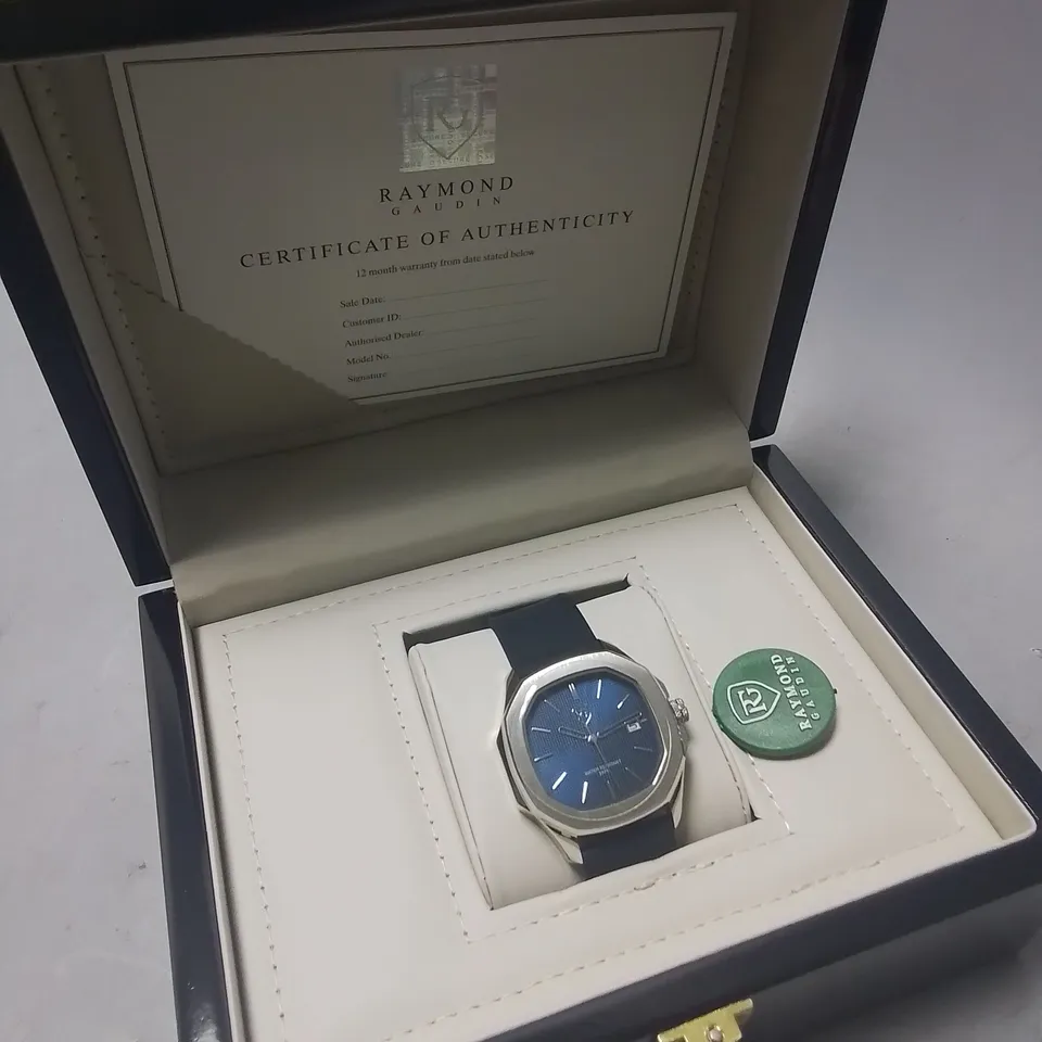 RAYMOND GAUFIN GENTS STAINLESS STEEL WATCH WITH JAPANESE MIYOTA MOVEMENT AND BLACK RUBBER STRAP IN WOODEN GIFT BOX