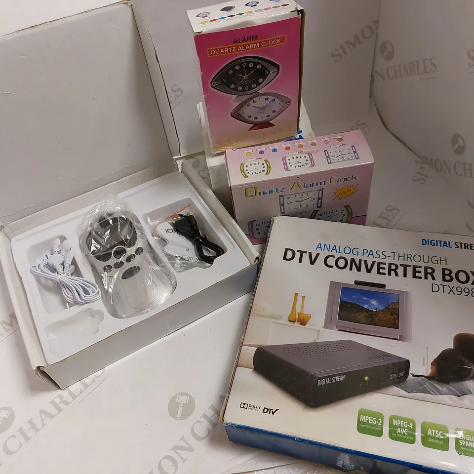 lot of 5 items including dtv converter bos, quartz alarm clocks, renkai digital therapy machine