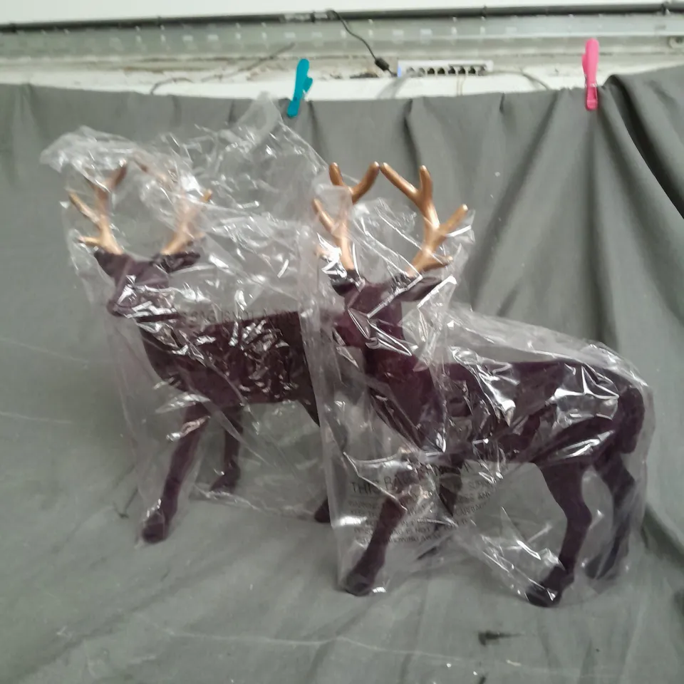 SET 2 FLOCKED STAG CHRISTMAS DECORATIONS