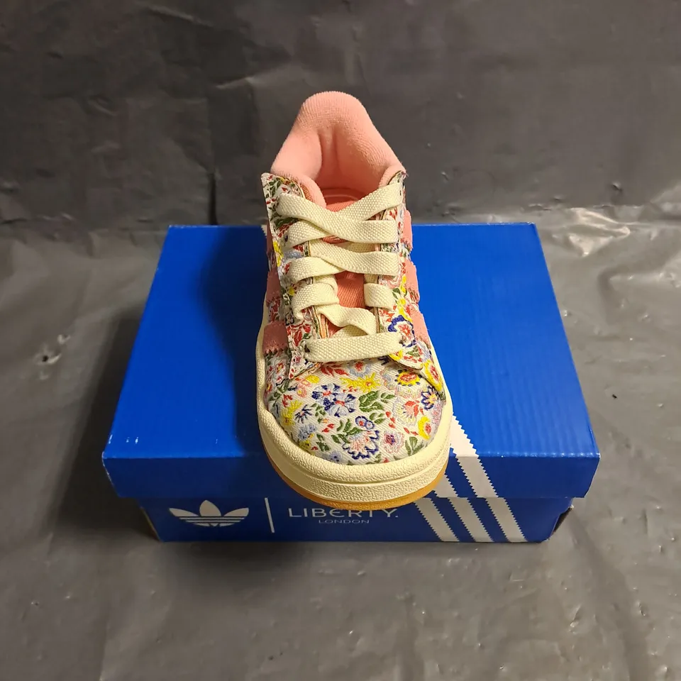 BOXED PAIR OF ADIDAS KIDS CAMPUS 00S X LIBERTY LONDON SHOES IN PINK MULTI SIZE UK 7K