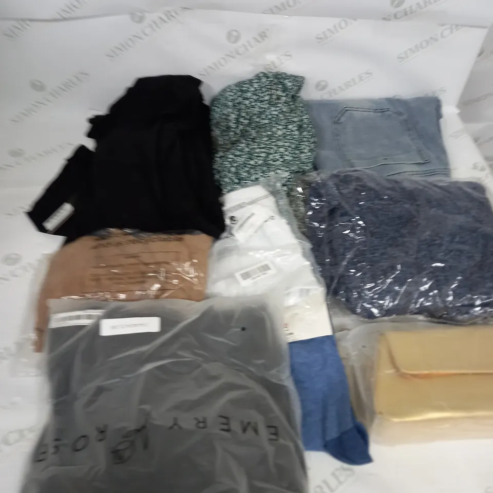 LARGE BOX OF ASSORTED CLOTHING ITEMS IN VARIOUS COLOURS AND SIZES INCLUDING TROUSERS , TOPS AND JUMPERS 