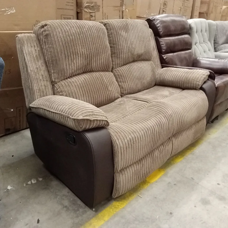 DESIGNER 2 SEATER FAUX LEATHER & CORDUROY FABRIC MANUAL RECLINER SOFA - BROWN