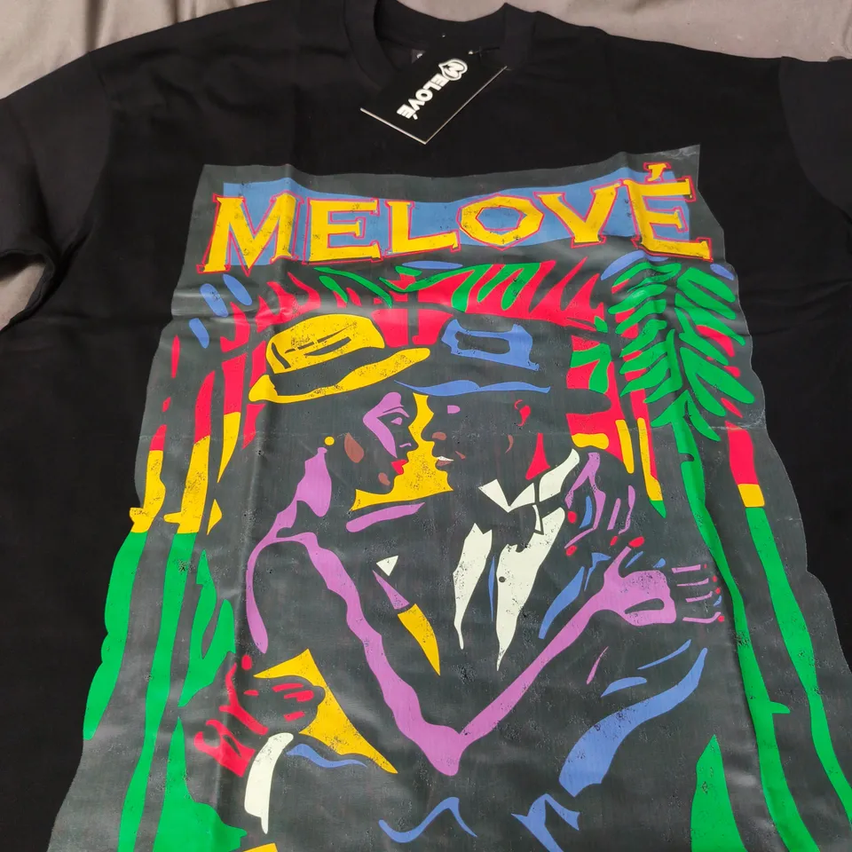 BLACK T-SHIRT WITH COLOURFUL MELOVE GRAPHIC PRINT - LARGE 
