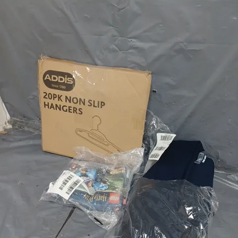 BOX OF APPROXIMATELY 5 ASSORTED ITEMS TO INCLUDE LEGO, CLOTHES HANGERS AND CLOTHING ITEMS 