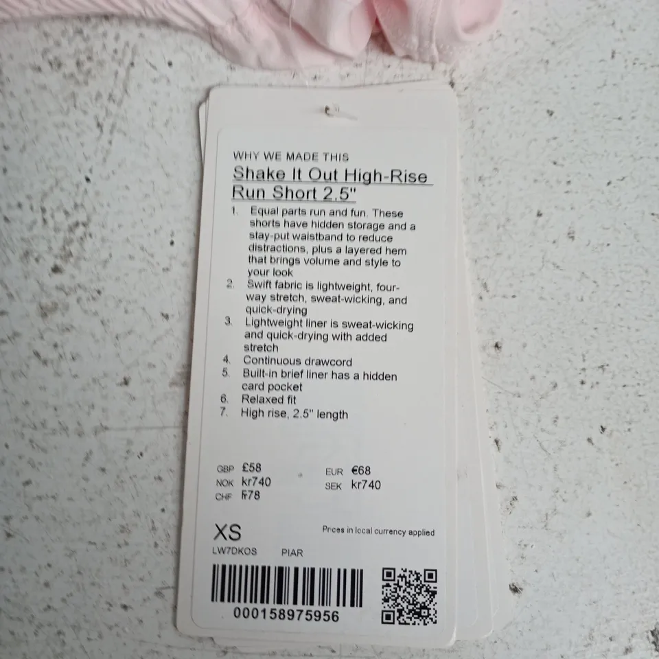LULULEMON SHAKE IT OUT HIGH-RISE RUN SHORT 2.5IN INSEAM – PINK, XS (UK 6)