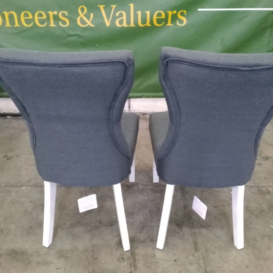 SET OF 2 NEW BEWLEY SLATE FABRIC BUTTON BACK DINING CHAIR (WHITE LEG)