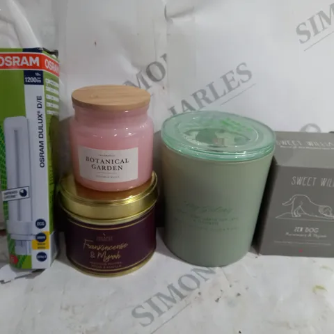 BOX OF APPROXIMATELY 10 ASSORTED ITEMS TO INCLUDE - SWEET WILLIAM ZEN DOG - BOTANICAL GARDEN CANDLE - MY GALAXY GREEN DOT JADE ECT 