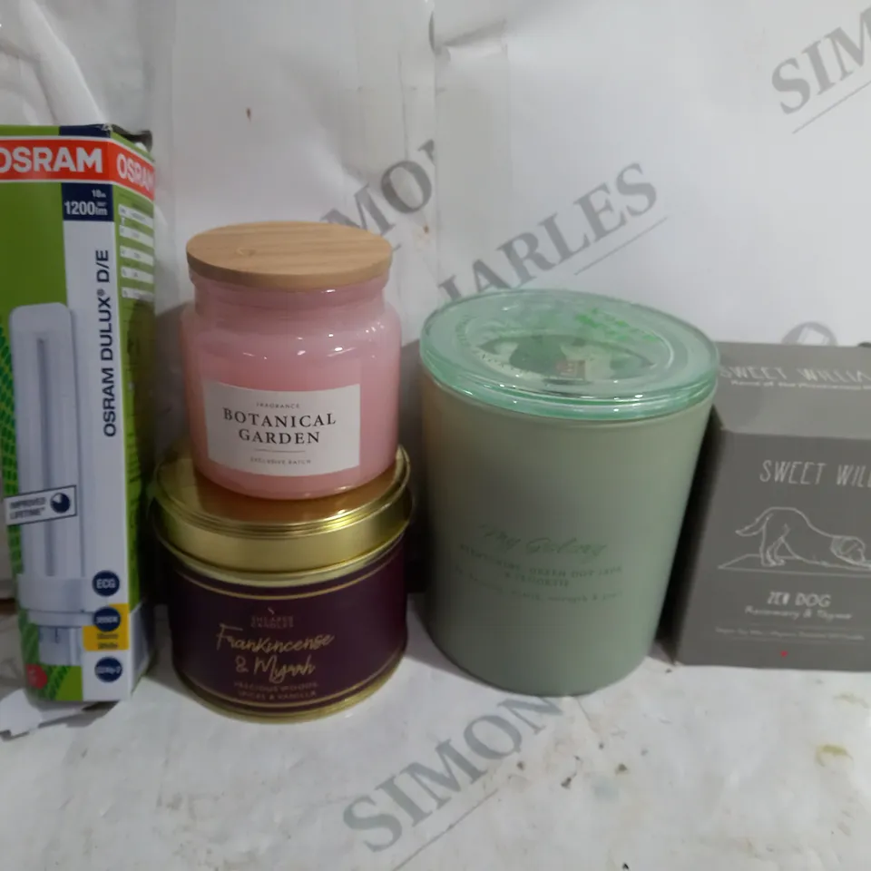 BOX OF APPROXIMATELY 10 ASSORTED ITEMS TO INCLUDE - SWEET WILLIAM ZEN DOG - BOTANICAL GARDEN CANDLE - MY GALAXY GREEN DOT JADE ECT 