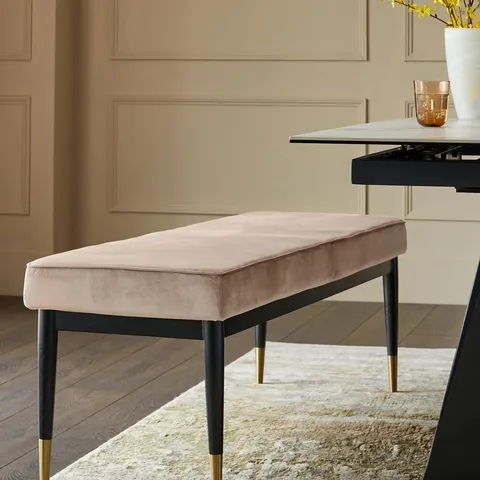 BOXED DANETTI CLOVER BLACK WOOD WITH BRASS CAPS BENCH WITHOUT BACK - CHAMPAGNE PLUSH VELVET