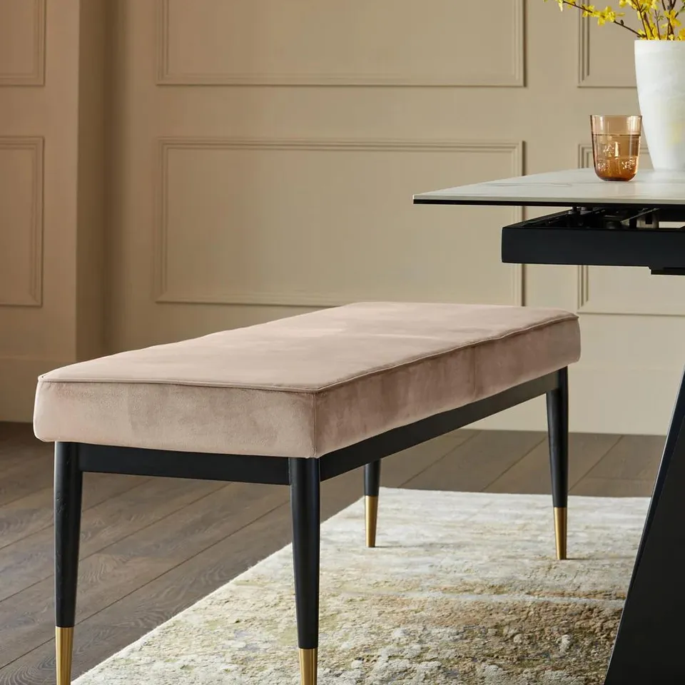 BOXED DANETTI CLOVER BLACK WOOD WITH BRASS CAPS BENCH WITHOUT BACK - CHAMPAGNE PLUSH VELVET