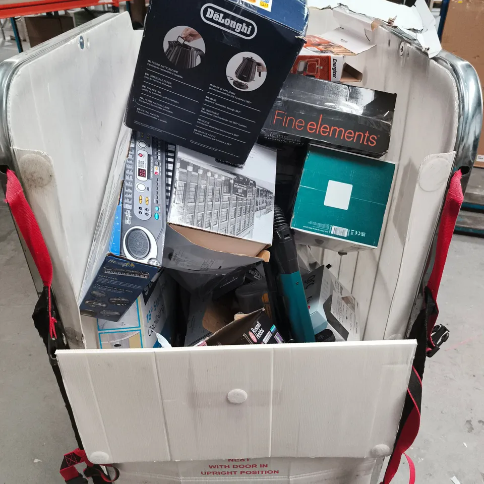 CAGE CONTAINING A LARE QUANTITY OF HOUSEHOLD ITEMS TOO INCLUDE TOASTERS, IRONS , DAMAGED KETTLES , ETC 