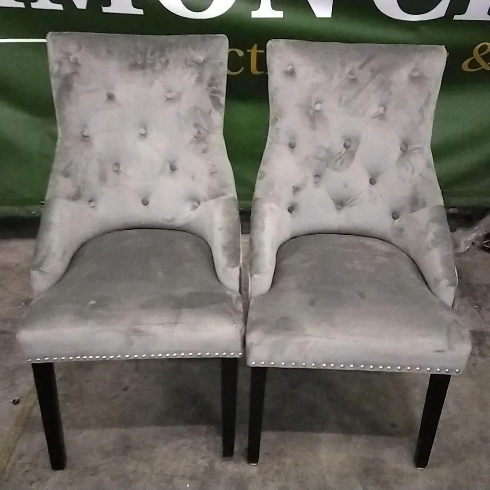 SET OF 2 PLUSH GREY FABRIC BUTTONBACK STUDDED DINING CHAIRS WITH KNOCKER BACKS AND BLACK WOODEN LEGS