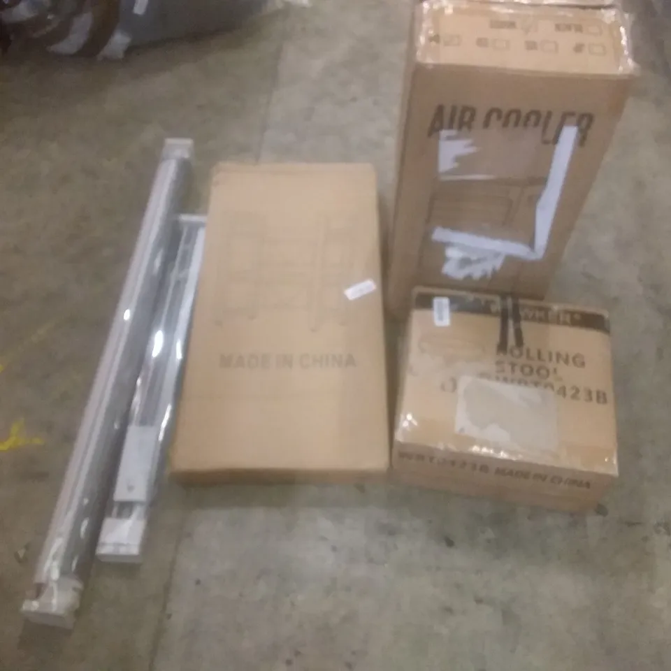 PALLET OF ASSORTED HOUSEHOLD PRODUCTS AND ITEMS, INCLUDING; AIR COOLER, ROLLING STOOLS, BOXED FURNITURE, BLINDS ETC