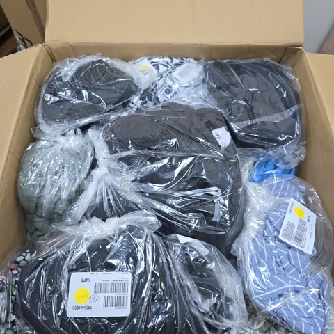 LARGE BOX OF APPROX 15 ASSORTED CLOTHING ITEMS IN VARIOUS STYLES , SIZES AND COLORS