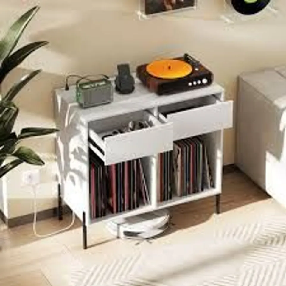 BOXED COSTWAY 2 DRAWER WHITE RECORD PLAYER STAND WITH POWER OUTLET
