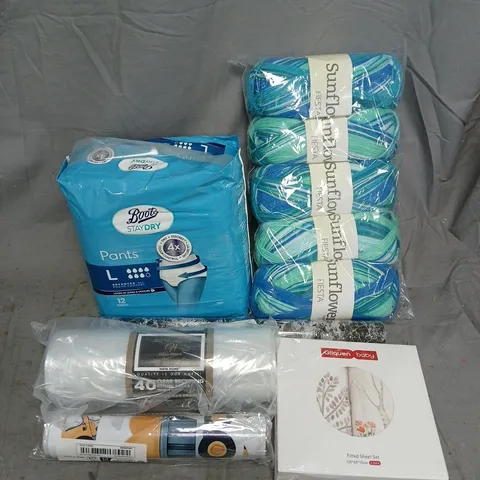 APPROXIMATELY 20 ASSORTED HOUSEHOLD PRODUCTS TO INCLUDE BABY FITTED SHEET SET, BOOTS STAY DRY PANTS, CLEAR REFUSE SACKS, ETC - COLLECTION ONLY
