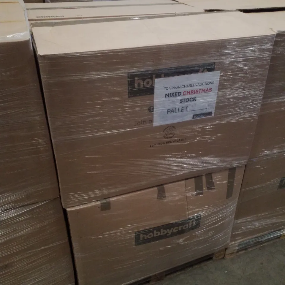 PALLET CONTAINING ASSORTED CHRISTMAS PRODUCTS & DECORATIONS INCLUDING COLOUR-IN CARDBOARD CHRISTMAS TREE,  BOTTLE BRUSH LED TREES & ASSORTED WRAPPING PAPER