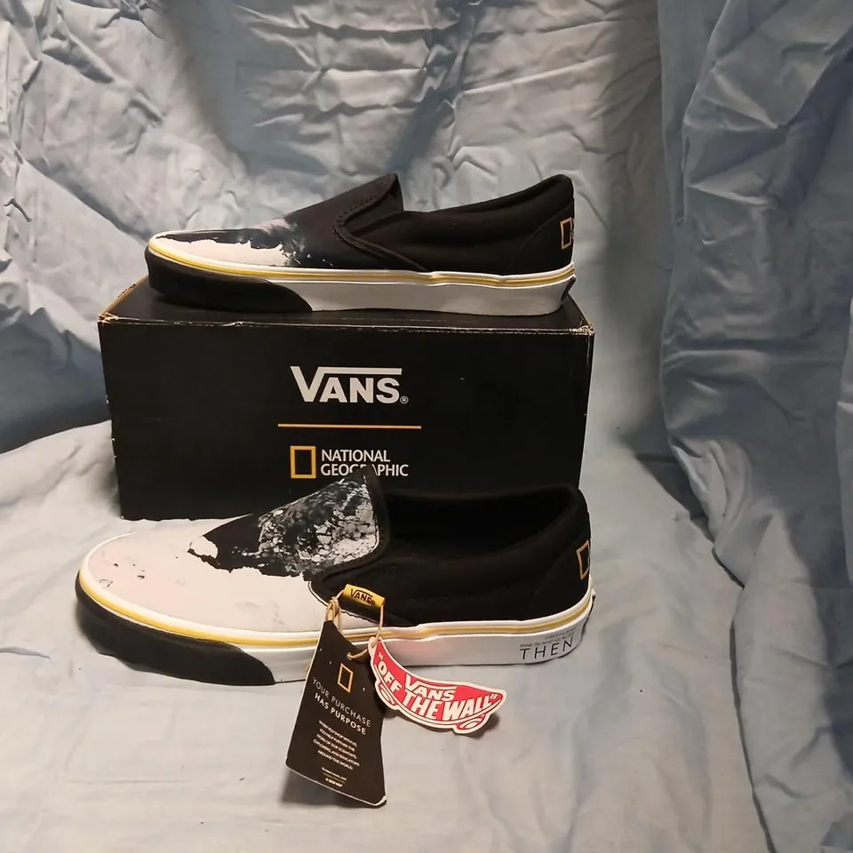 VANS NATIONAL GEOGRAPHIC SLIP-ON SNEAKERS – BLACK/WHITE, UA CLASSIC SLIP-ON