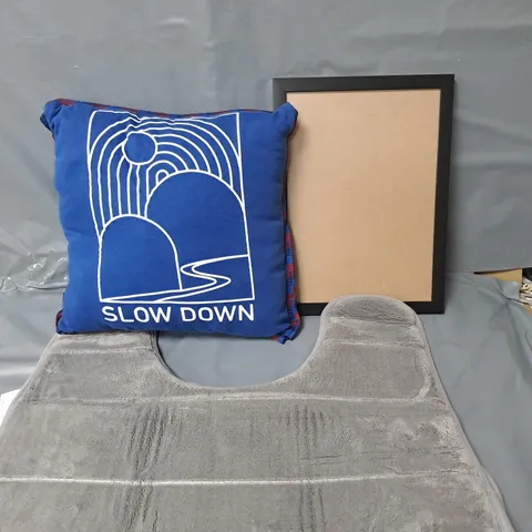 APPROXIMATELY 15 ASSORTED HOUSEHOLD ITEMS TO INCLUDE PICTURE FRAMES, A CUSHION AND A CAR MAT