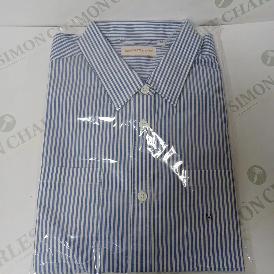SEALED SET OF 7 BRAND NEW CORPORATIVE STYLE WHITE & BLUE STRIPE WOMENS SHIRT WITH ROLL UP SLEEVES - MEDIUM