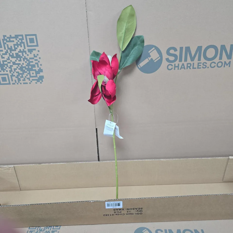 BOX OF 12 GISELA GRAHAM  RED AND GREEN FAUX FLOWER DECORATIONS 