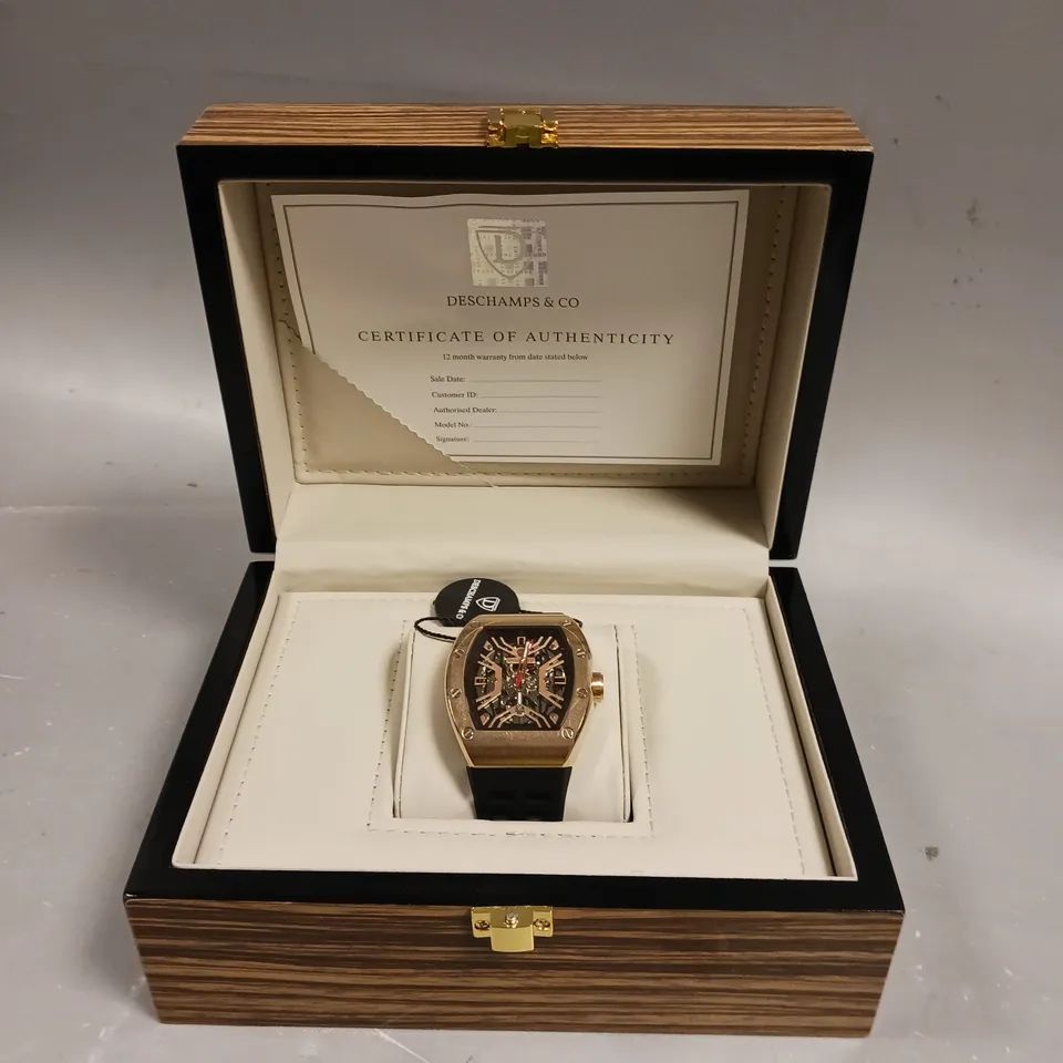 MENS AUTOMATIC DESCHAMPS & CO WATCH – SKELETON DIAL – GLASS EXHIBITION BACK CASE – RUBBER STRAP