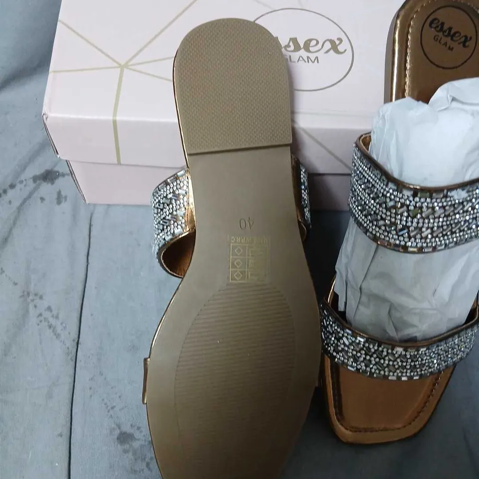 ESSEX GLAM LIQUID GOLD METALLIC SANDALS – CRYSTAL-EMBELLISHED STRAPS, WOMEN’S UK 7 (EU 40)