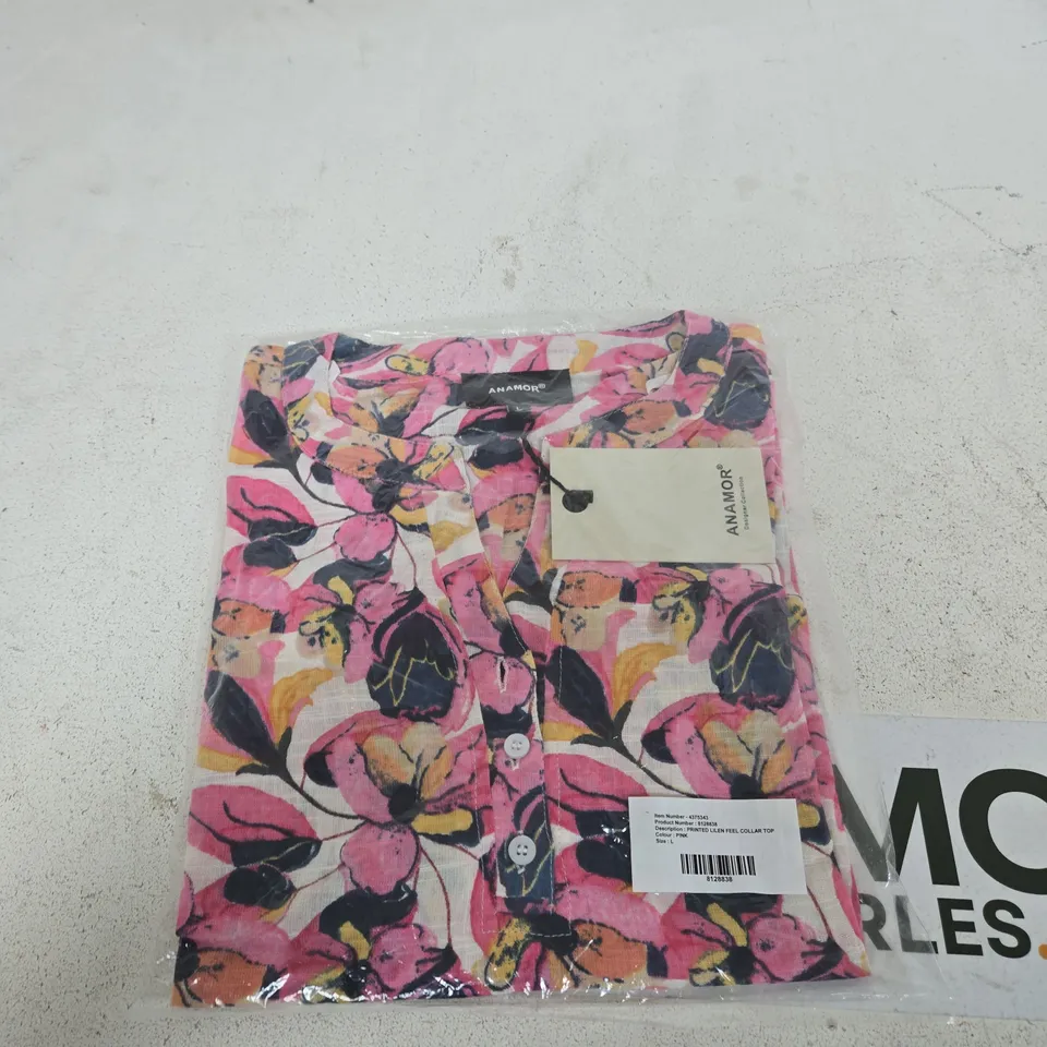 ANAMOR PRINTED LINEN-FEEL COLLAR TOP – PINK FLORAL, SIZE L