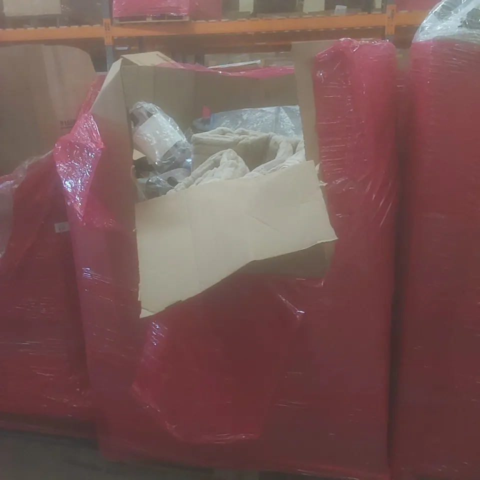 PALLET OF ASSORTED HOUSEHOLD ITEMS AND CONSUMER PRODUCTS TO INCLUDE; TEXTILES, LUGGAGE BAGS ETC