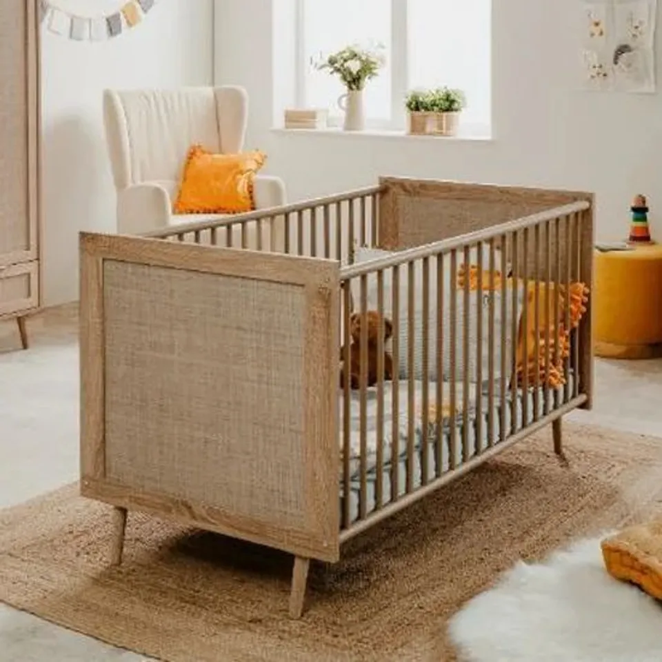BOROX WOODEN BABY COT IN SONOMA OAK AND CANE 143X76CM
