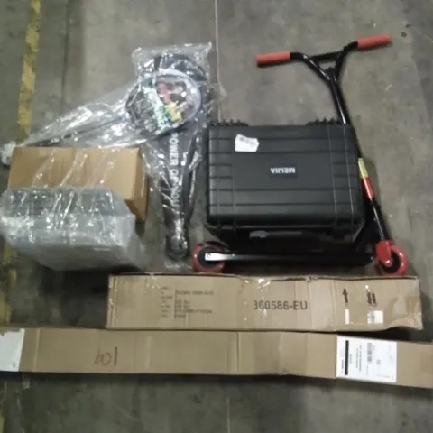 PALLET OF ASSORTED ITEMS INCLUDING FOLDING CHAIR BLUE, SPORT BRELLA PREMIERE BLUE, HEAD SQUASH RACKET, MEIJIA PROTECTIVE CASE, YONEX BADMINTON RACKET, KIDS SCOOTER