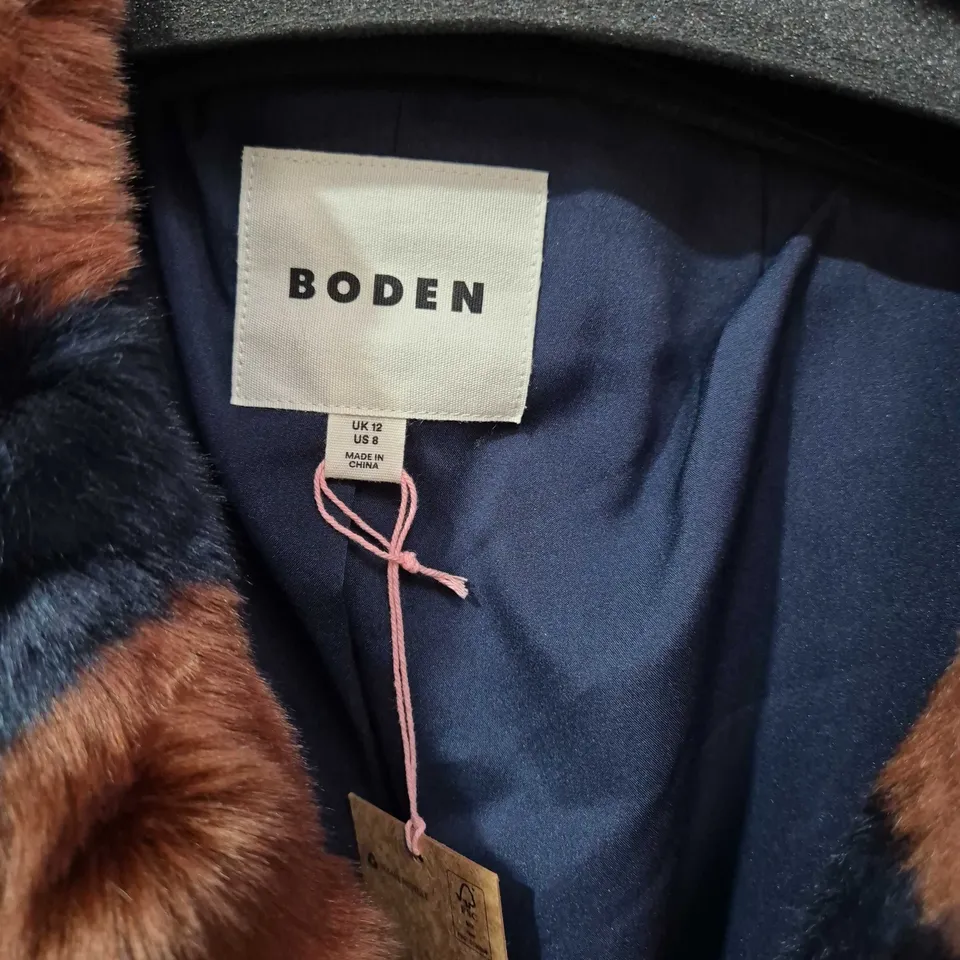 BODEN WOMEN'S FAUX FUR COAT – NAVY WITH COPPER-BROWN POLKA DOTS, UK 12