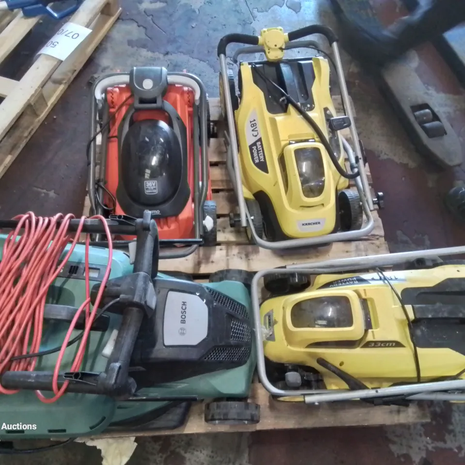 PALLET CONTAINING VARIOUS ASSORTED LAWNMOWERS IN DIFFERENT MAKES AND MODELS