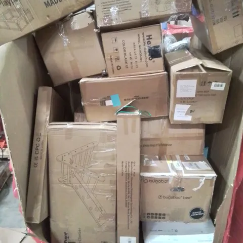 PALLET CONTAINING VARIOUS ASSORTED ITEMS TO INCLUDE:CHILDREN'S PLAYPEN, TURNTABLE HI-FI SYSTEM WITH SPEAKERS, SPIN MOP, WASHING LINE AND LOTS MORE UNMARKED BOXED ITEMS 