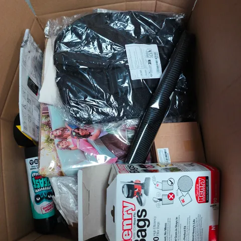 APPROXIMATELY 15 ASSORTED HOUSEHOLD PRODUCTS TO INCLUDE UNBRANDED BACKPACKS , HEAVY DUTY BIN BAGS , VACUUM FILTER BAGS , ETC 