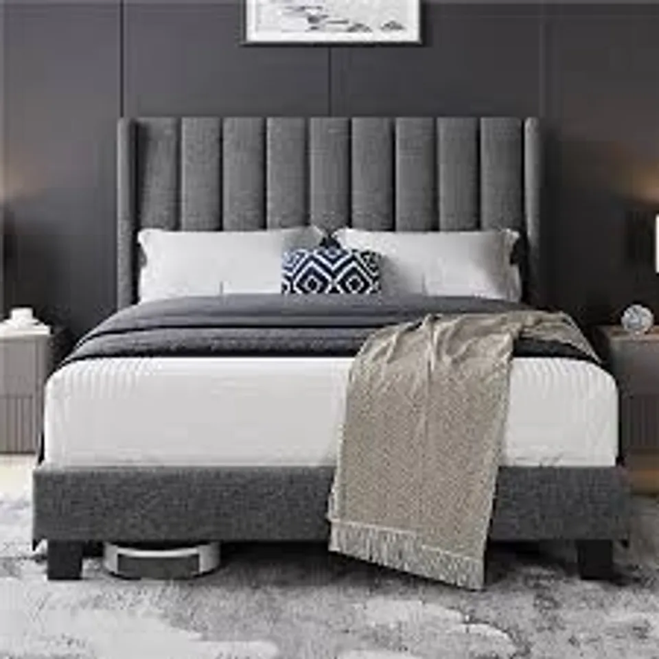 BOXED YAHEETECH UPHOLSTERED BED FRAME WITH CHANNEL TUFTED HEADBOARD - DARK GREY // SIZE: 150 X 200cm (2 BOXES)